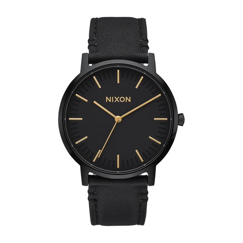 Men's Porter Black Leather Strap Watch, Black Dial