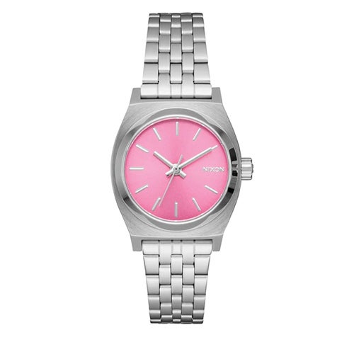 Unisex Small Time Teller Silver-Tone Stainless Steel Watch, Pink Dial
