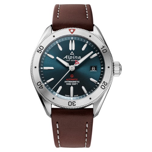 Alpiner 4 Automatic Brown Leather Strap Watch, Blue Dial