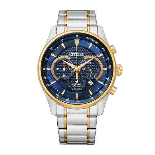 Mens Quartz Chronograph Two-Tone Stainless Steel Watch, Blue Dial