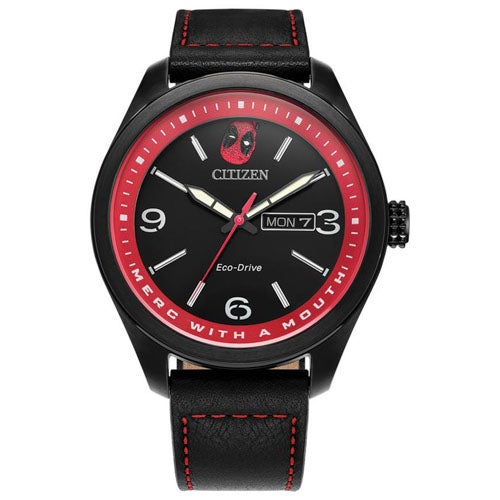 Men's Here Comes Deadpool Eco-Drive Black Leather Strap Watch, Black Dial