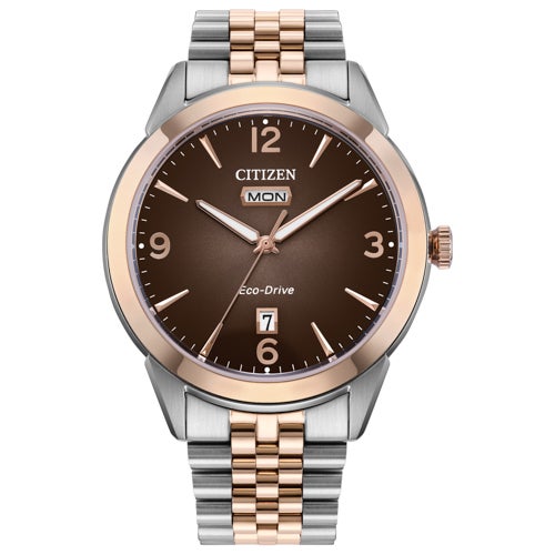 Mens Rolan Eco-Drive Rose Gold & Silver-Tone Stainless Steel Watch, Brown Dial
