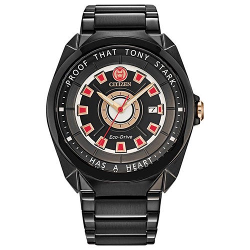 Men's Tony Stark Eco-Drive Black Ion-Plated Stainless Steel Watch, Black Dial