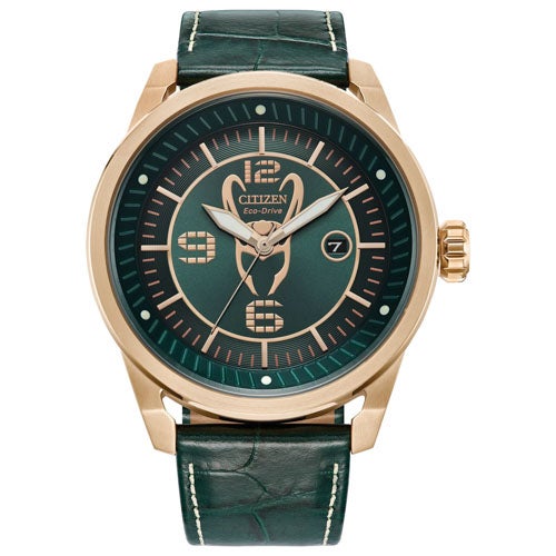 Men's Loki Eco-Drive Green Leather Strap Watch Green Dial, Green Dial