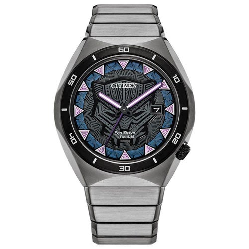 Men's Black Panther Eco-Drive Super Titanium Silver-Tone Watch, Black Dial