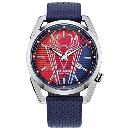 Men's Spider-Man Eco-Drive Blue Leather Strap, Red Dial