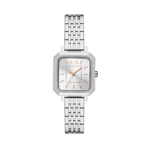 Ladies Leila Silver-Tone Stainless Steel Square Watch, Silver Dial