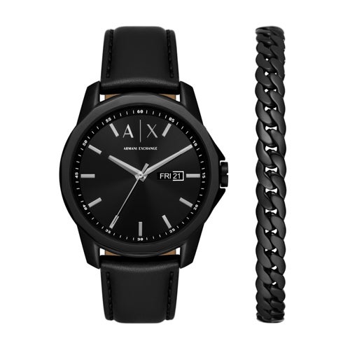 Mens Banks Black Leather Strap Watch Gift Set