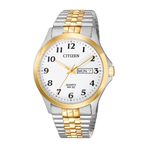 Mens Quartz Two-Tone Stainless Steel Watch, White Dial