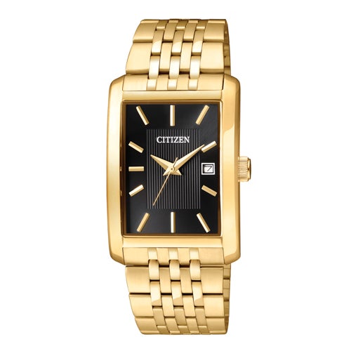 Mens Quartz Gold-Tone Stainless Steel Rectangle Watch, Black Dial