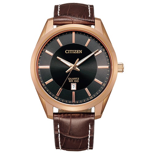 Mens Rose Gold Quartz Leather Strap Watch, Black Dial