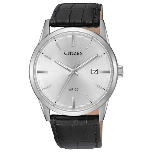 Men's Quartz Black Leather Strap Watch, White Dial