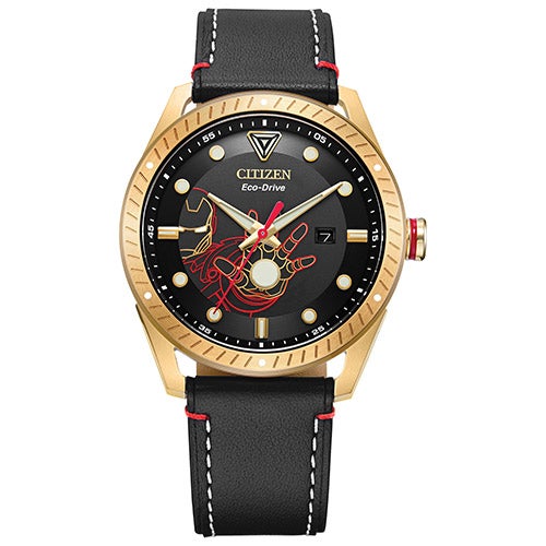 Men's Tony Stark Eco-Drive Black Leather Strap Watch, Black Dial