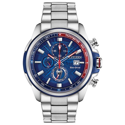 Men's Spider-Man Eco-Drive Chronograph Silver-Tone SS Watch, Blue Dial