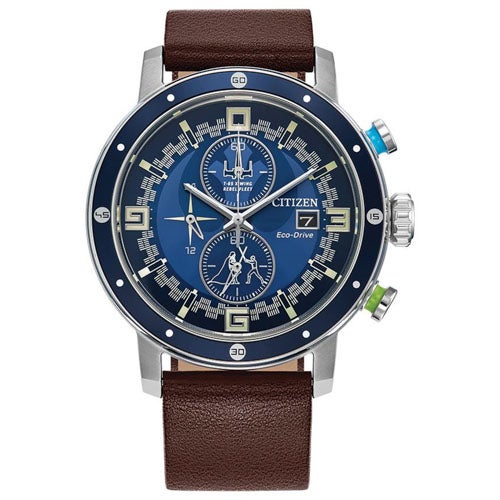 Men's Luke Skywalker Eco-Drive Chronograph Brown Leather Strap Watch, Blue Dial