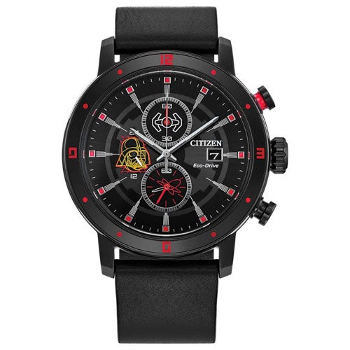 Men's Darth Vader Eco-Drive Chronograph Black Leather Strap Watch, Black Dial