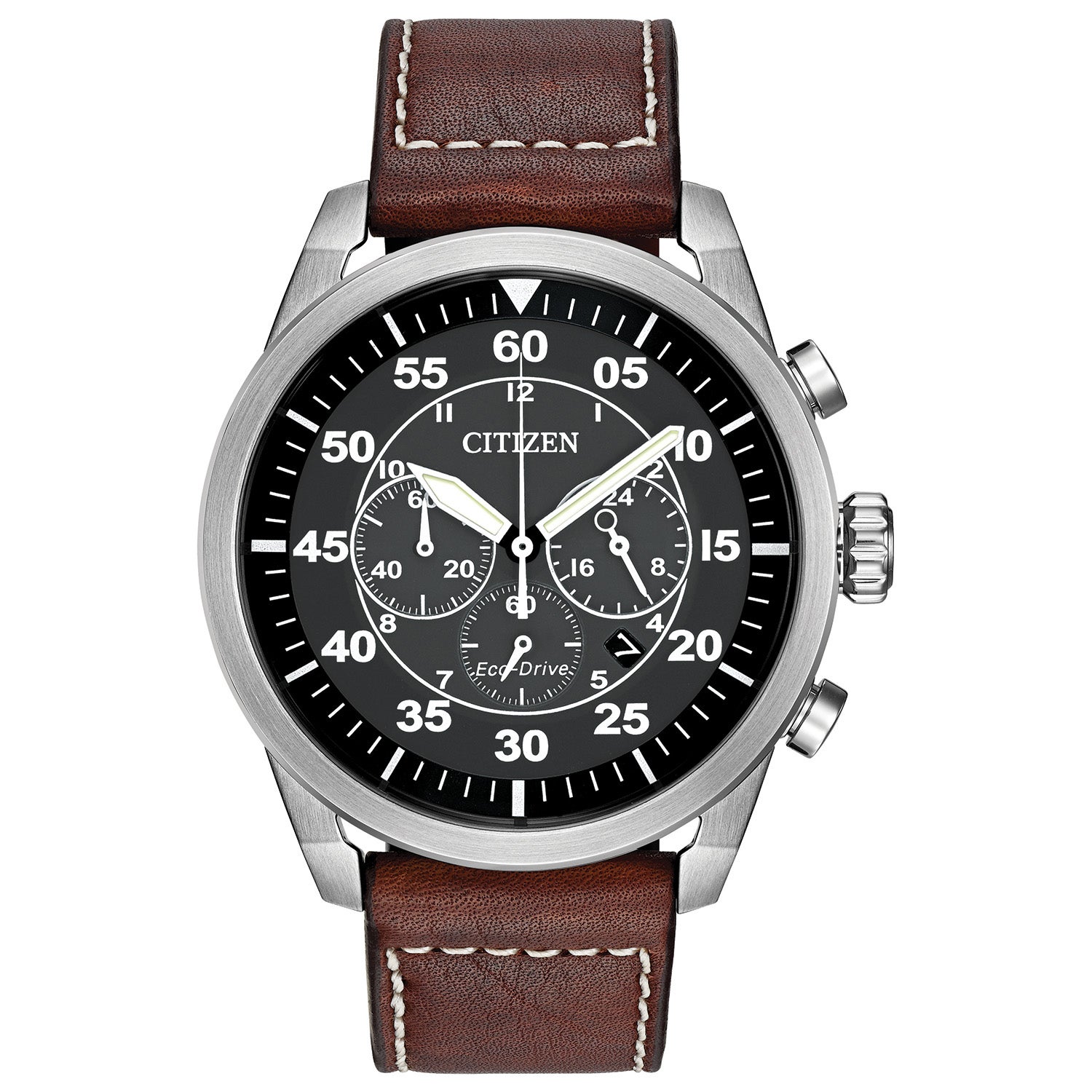 Mens Avion Eco-Drive Brown Strap Watch, Black Dial | Power Sales