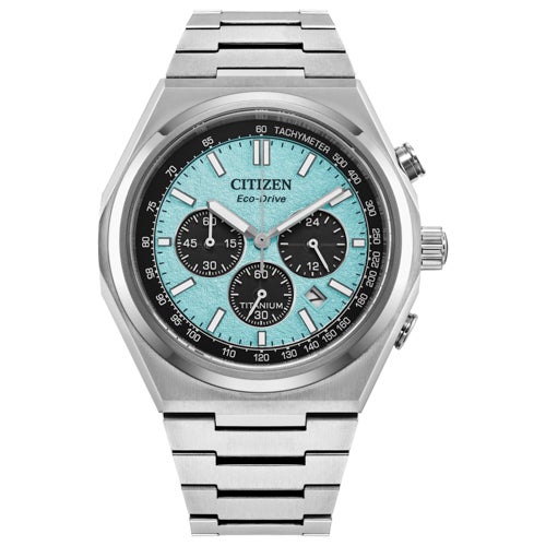 Men's Zenshin Chrono Super Titanium Eco-Drive Silver-Tone SS Watch, Blue Dial