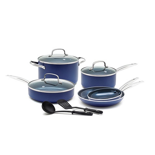 10pc Toxin Free Ceramic Nonstick Cookware Set, Blue