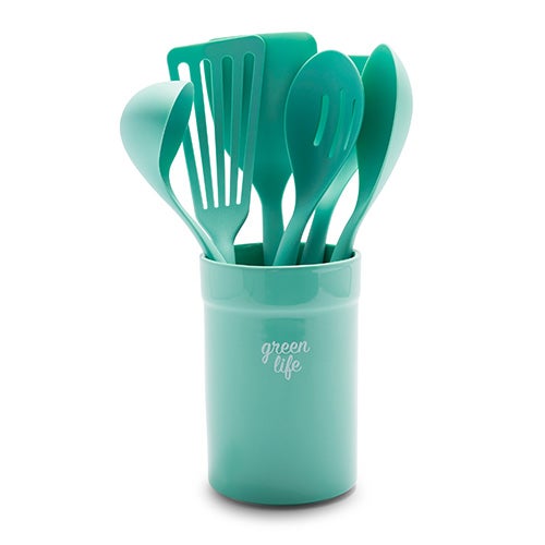 7pc Nylon Cooking Utensils w/ Ceramic Crock, Turquoise