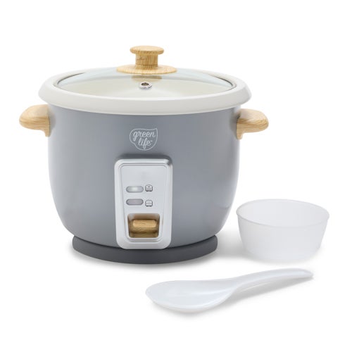 6 Cup Rice Cooker w/ Wood Handles, Gray