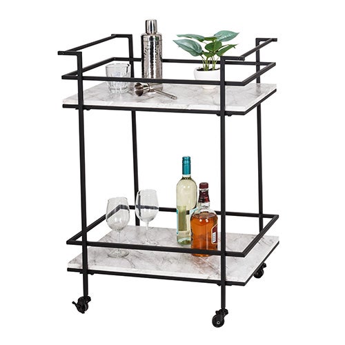 2 Tier Rolling Bar & Serving Cart, Black & Faux Marble