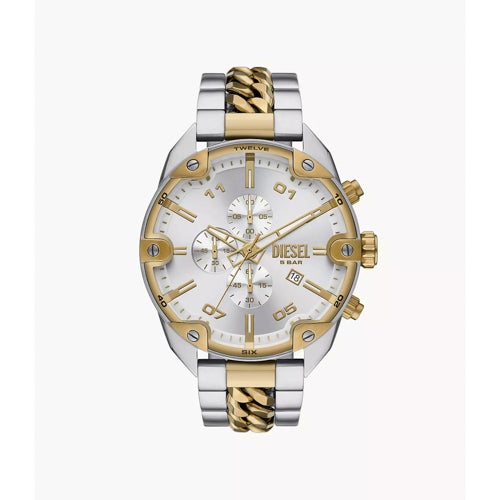 Mens Spiked Chronograph Two-Tone Stainless Steel Watch, Silver Dial