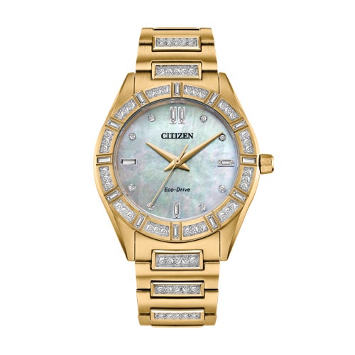 Ladies Silhouette Crystal Gold-Tone Stainless Steel Watch Mother-of-Pearl Dial