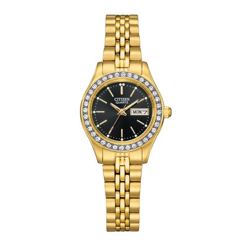 Ladies' Quartz Crystal Accent Gold-Tone Stainless Steel Watch, Black Dial