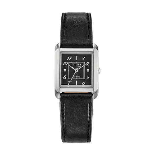 Ladies Citizen L Bianca Eco-Drive Silver & Black Leather Strap Watch Black Dial