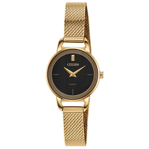 Ladies Quartz Gold-Tone Stainless Steel Mesh Watch, Black Dial