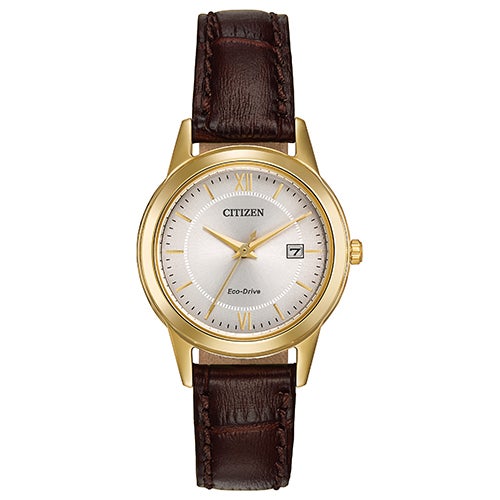 Ladies Corso Eco-Drive Gold & Brown Leather Strap Watch, Silver Dial