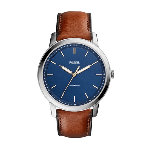 Mens Minimalist Light Brwn Leather Strap Watch, Nvy Blu Dial