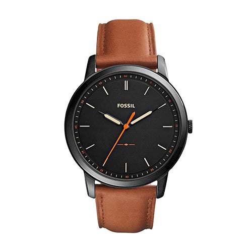 Mens Minimalist Light Brown Leather Strap Watch, Black Dial