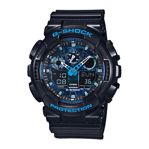 Mens G-Shock Ana-Digi Black Resin Watch, Blue Camouflage Dial | Power Sales