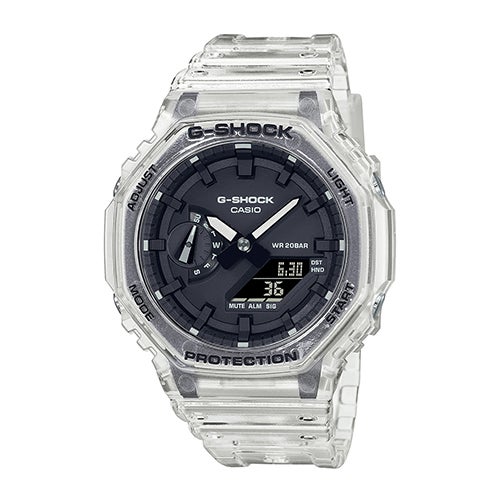 Mens G-Shock Transparent White Analog/Digital Watch, Black Dial