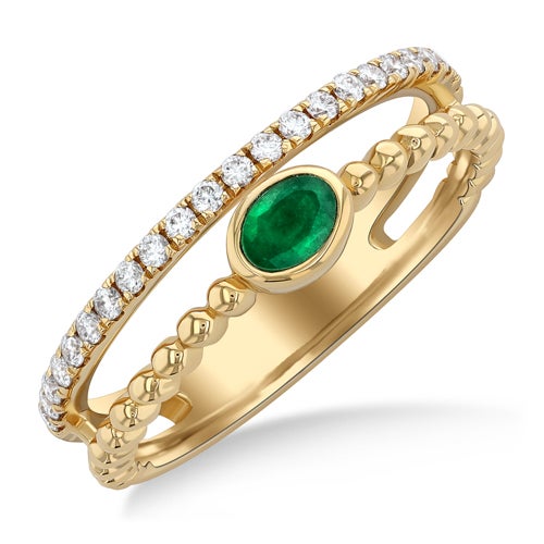 Split Band Diamond & Emerald Ring - Size 9, Gold