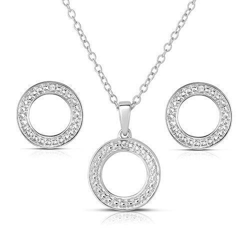 Sterling Silver .03twt Diamond Geometric Earrings & Necklace