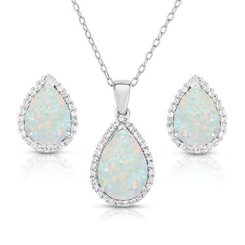 Pear Shaped Opal & White Sapphire Earrings & Necklace Set