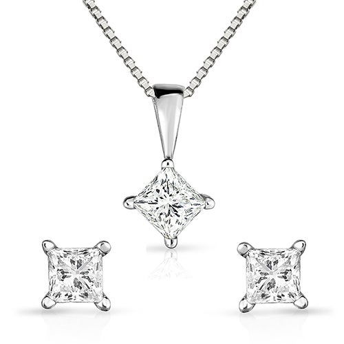 Princess Cut .50twt Diamond Earrings & 14K White Gold Necklace Set