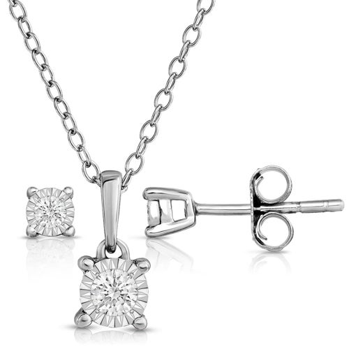 Diamond Solitaire Earrings and Necklace Set - .15twt, Silver