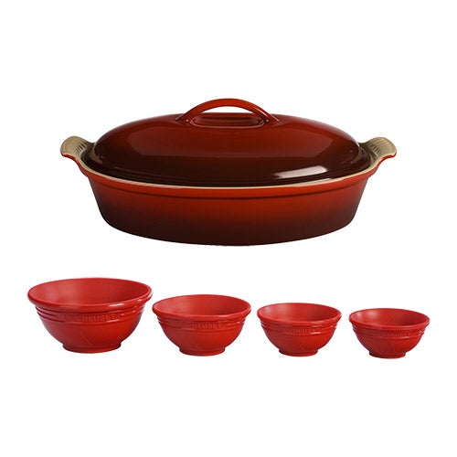 4qt Heritage Stoneware Covered Oval Casserole w/ Prep Bowls, Cerise