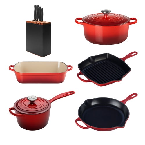 7pc Cast Iron Cookware Set, Cerise w/ 5pc Knife Block Set