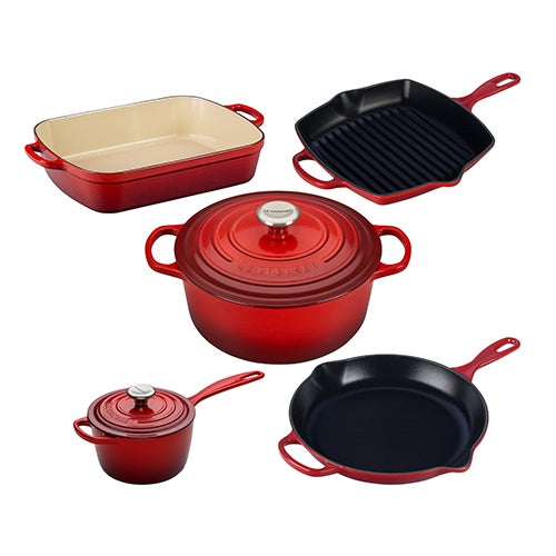 7pc Signature Cast Iron Cookware Set, Cerise