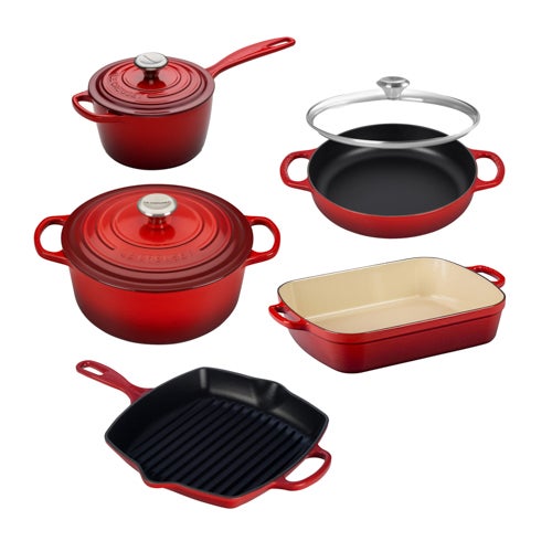 8pc Signature Cast Iron Cookware Set, Cerise