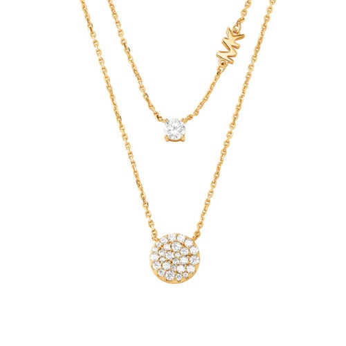 Precious Metal Sterling Silver Pave Disc Layer Necklace, 14K Gold Plated