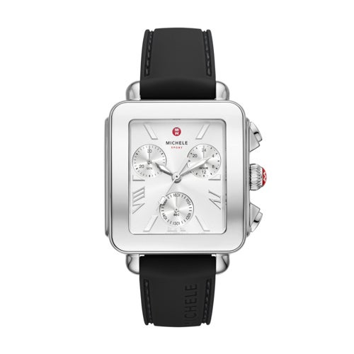 Ladies Deco Sport Chronograph Black Silicone Strap Watch, Silver Dial