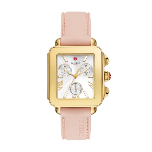 Ladies Deco Sport Chronograph Pink Silicone Strap Watch, Silver Dial