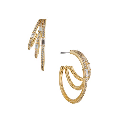 Triple Hoop CZ Earrings, Gold