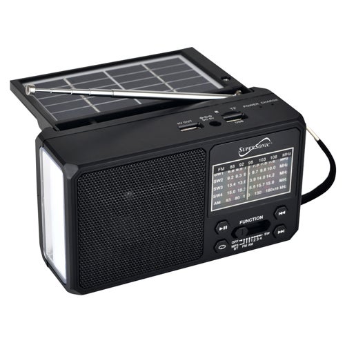 SolarWave Portable Solar, 6-Band Bluetooth Radio w/ LED Flashlight, Black